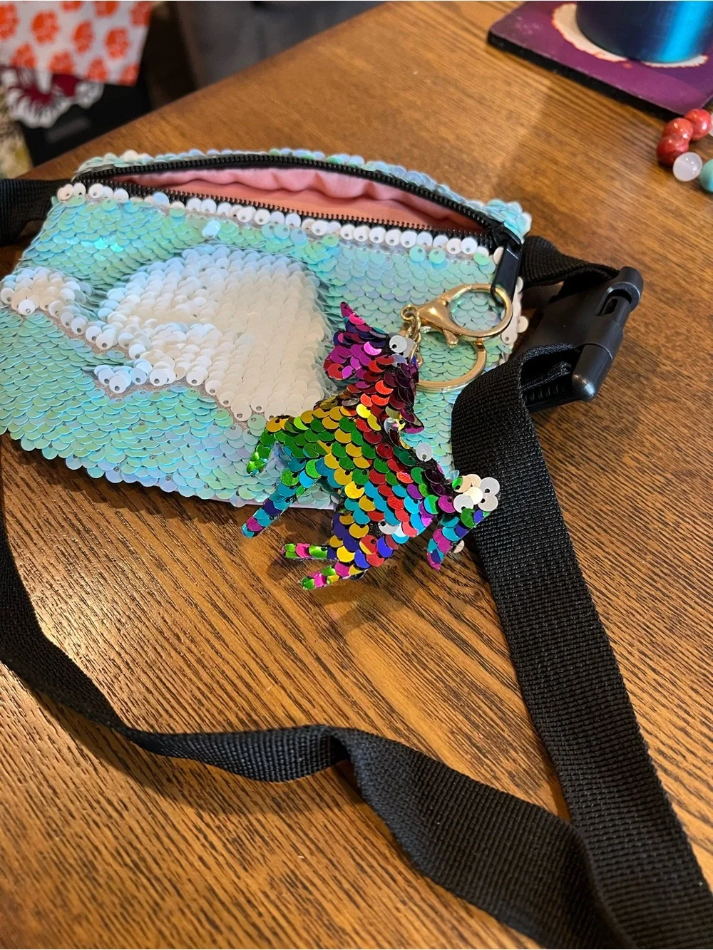 Sequin Mermaid Mini Fanny Pack Bag - Iridescent Aqua with Unicorn Charm